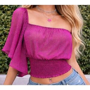 Vintage Y2K Must Have Purple Black Off Shoulder Animal Print Top USA Made Large